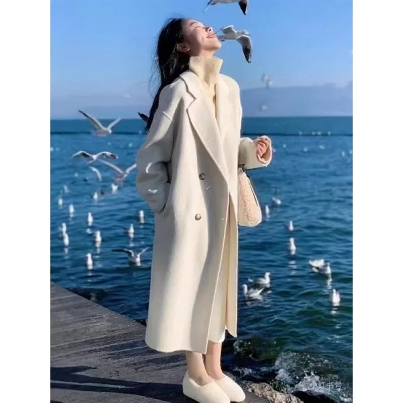 

Модное приталенное двустороннее шерстяное пальто для женщин, средней длины, новое осенне-зимнее двустороннее шерстяное пальто