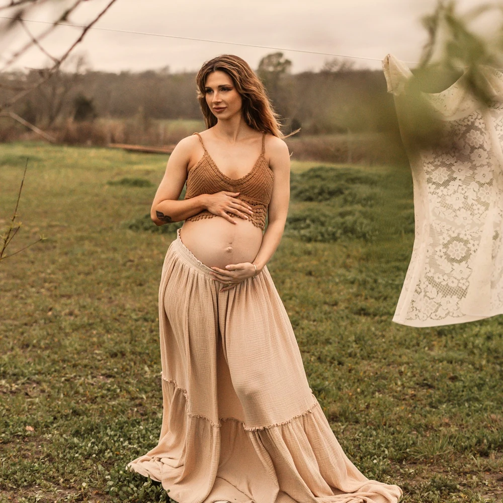 Maternity Photography Props Dress Linen Cotton Long Skirt&Knit Camisole Top Pairing Wilderness Style Photography Clothing