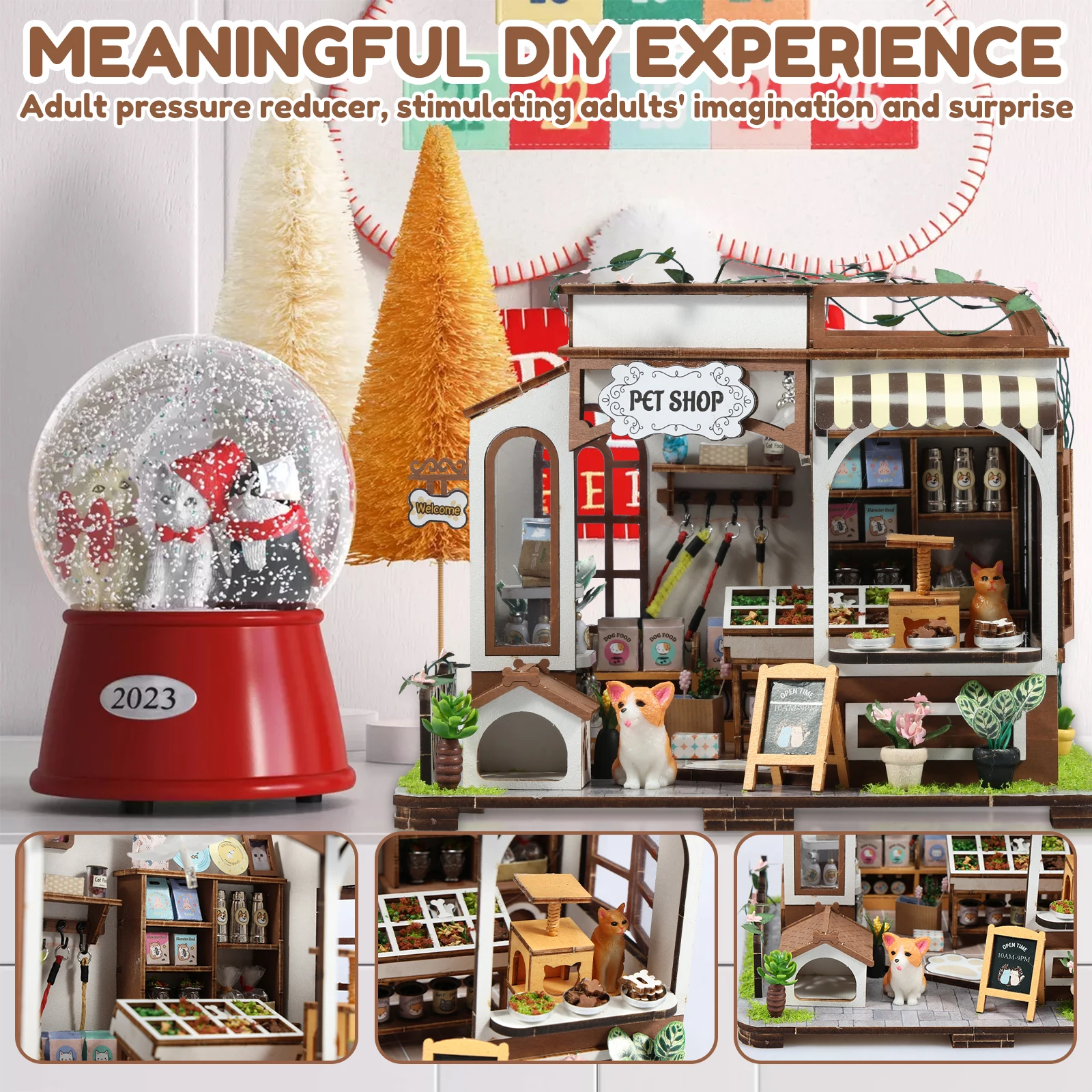 DIY Miniature Dollhouse Kit Small Wooden House with Sensor Light Miniature Pet Shop Model Kits Creative Toys Bedroom Decorations