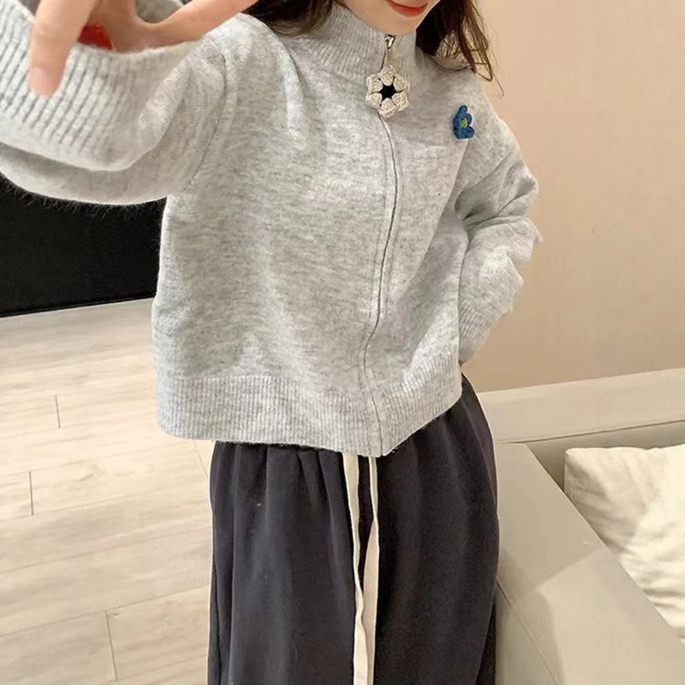 

UNIKTEE женский свитер с длинным рукавом и воротником-стойкой на молнии с открытой передней частью, повседневный модный повседневный однотонный осенне-зимний топ