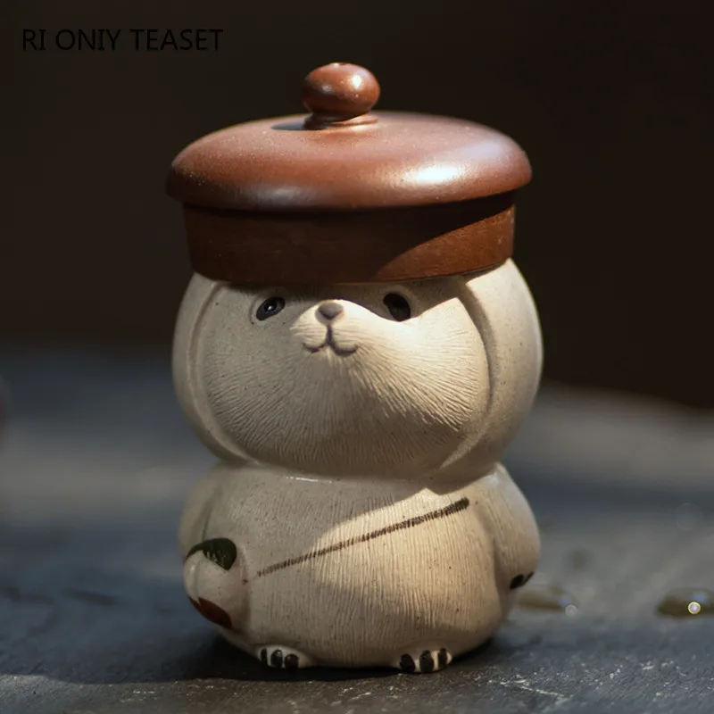Panda Tea Pet with Peach Hat Peach Model Ornaments Yixing Purple Clay Tea Pet Tea Figurine Crafts Chinese Lucky Tea Set