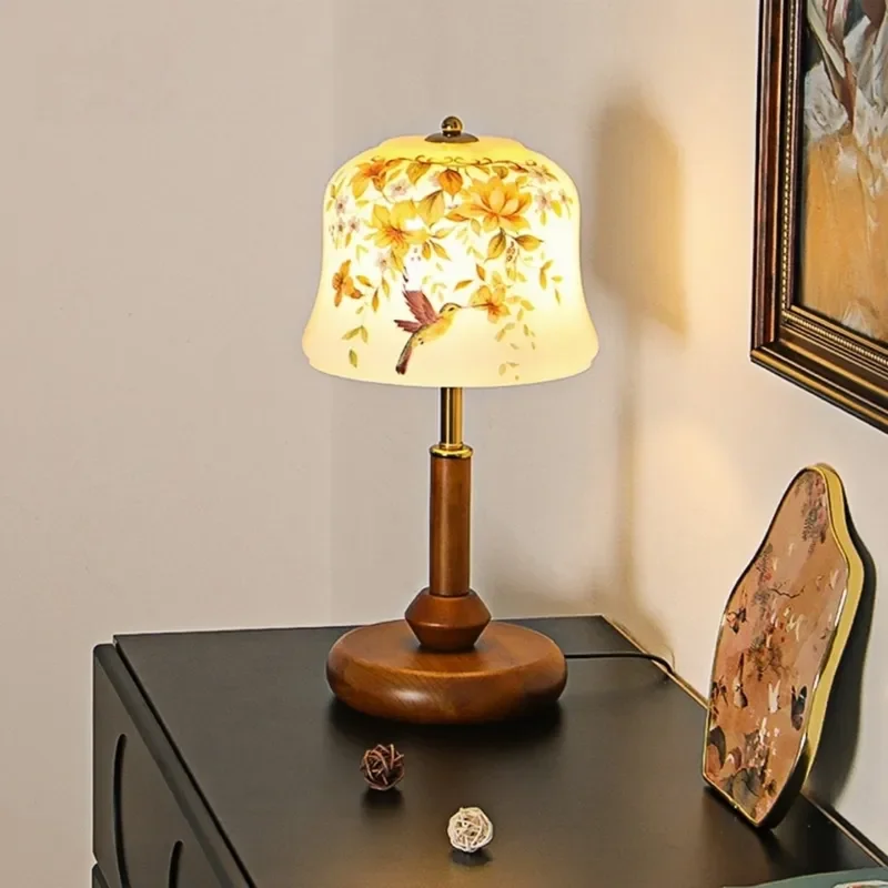 Vintage Song Dynasty Style Glass Table Lamp with Bird and Flower Pattern Creative Bedroom Bedside Light Luxury Eye Care Desk