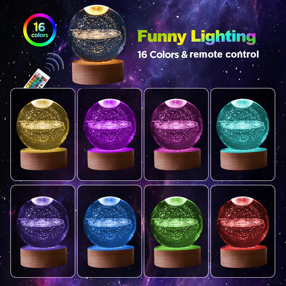 3D Moon Crystal Ball Astronomy Galaxy Solar System 16 Color Luminous Balls with Remote Control Wooden Base Home Desktop Decor