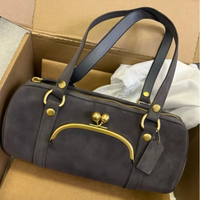 

Women's Brand Frosted Handbag, Designer Clip Buckle Boston Shoulder Bag, Fashion Studded Large Pillow Bag, Casual Underarm Bag