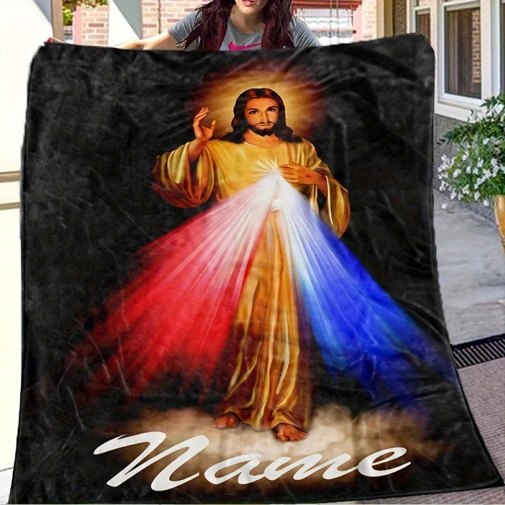 1pc Custom Jesus-Themed Blanket with Your Name - Soft Cozy Blanket for Couch, Bed, Travel, Perfect Christmas Gift