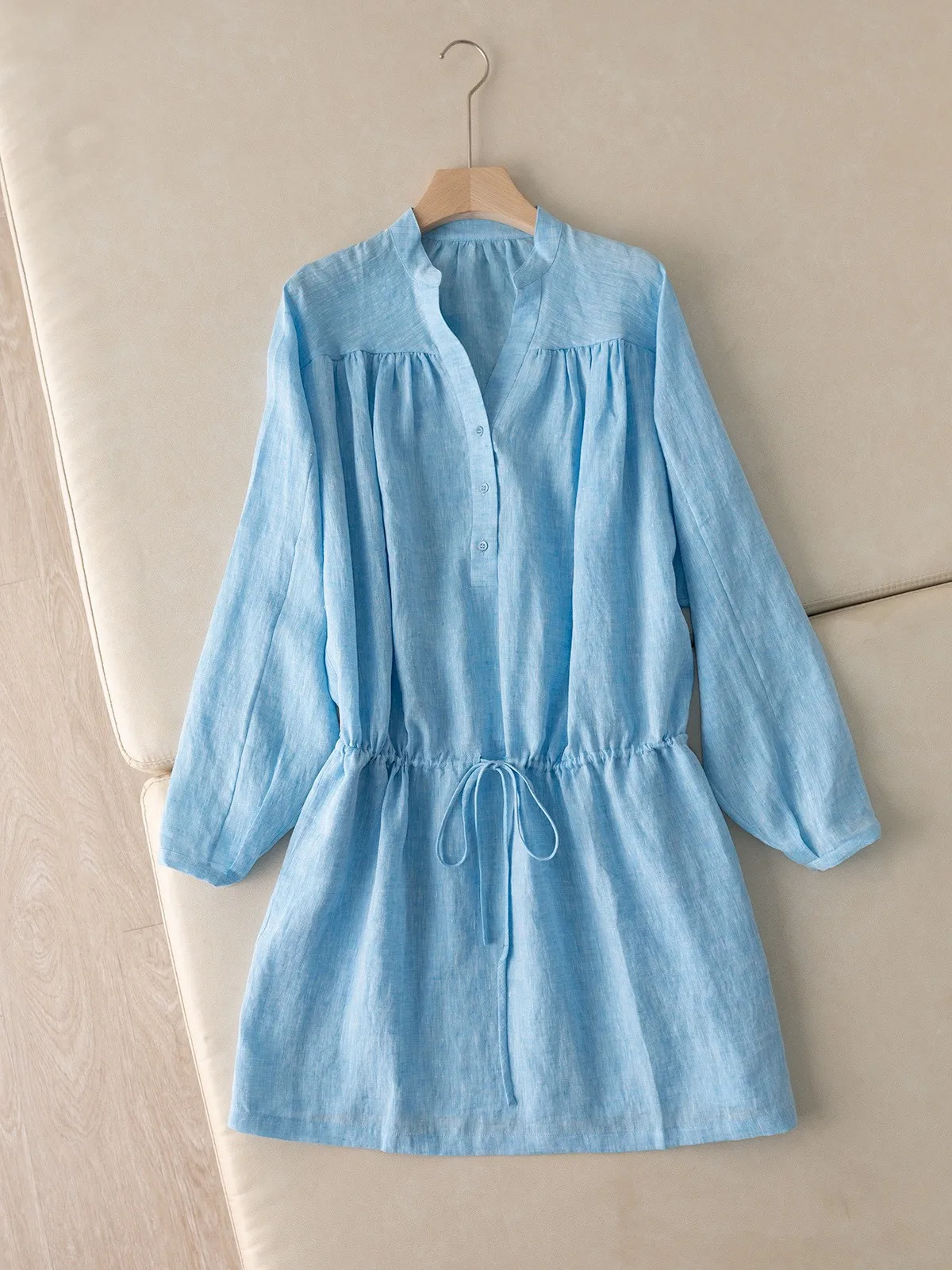 Summer luxurious loose solid color linen long sleeve dress