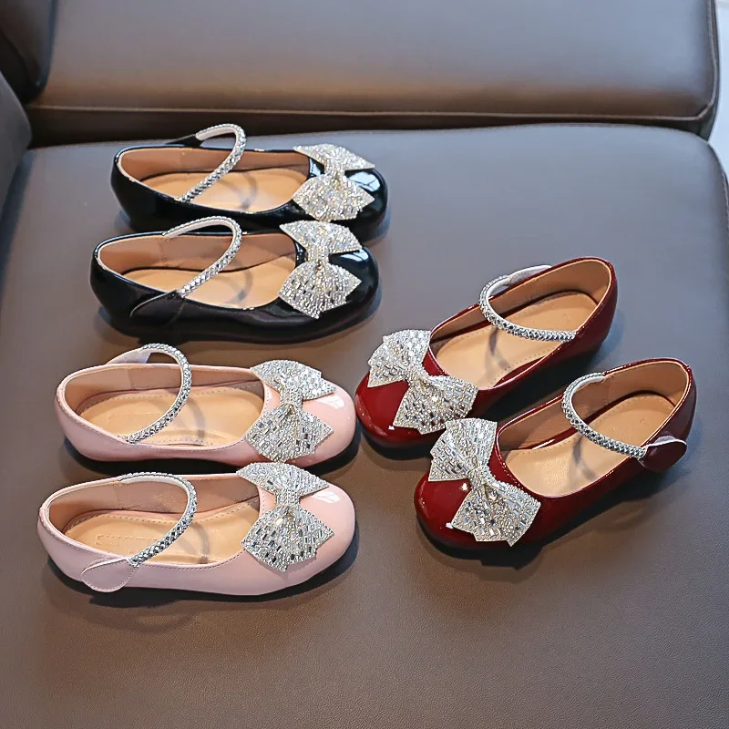 

25-36 Spring Princess Party Shoes for Girls Summer 2025 Children Fashion Rhinestone Bow Dance Shoes Leather Shoes for Big Kids