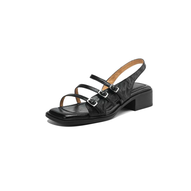 New Summer Sandals Split Leather Women Shoes Square Toe Sandals for Women Fashion Belt Buckle Chunky Heel Sandal Gladiator Shoes view 6