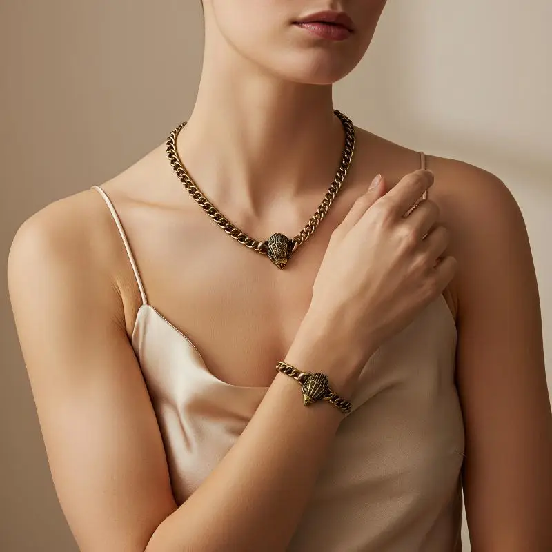B*NEW 2 PCS Punk Antique Gold Eagle Head Jewelry Set Chunky Curb Chain Statement Jewelry For Women Street & Rock Wear All Season