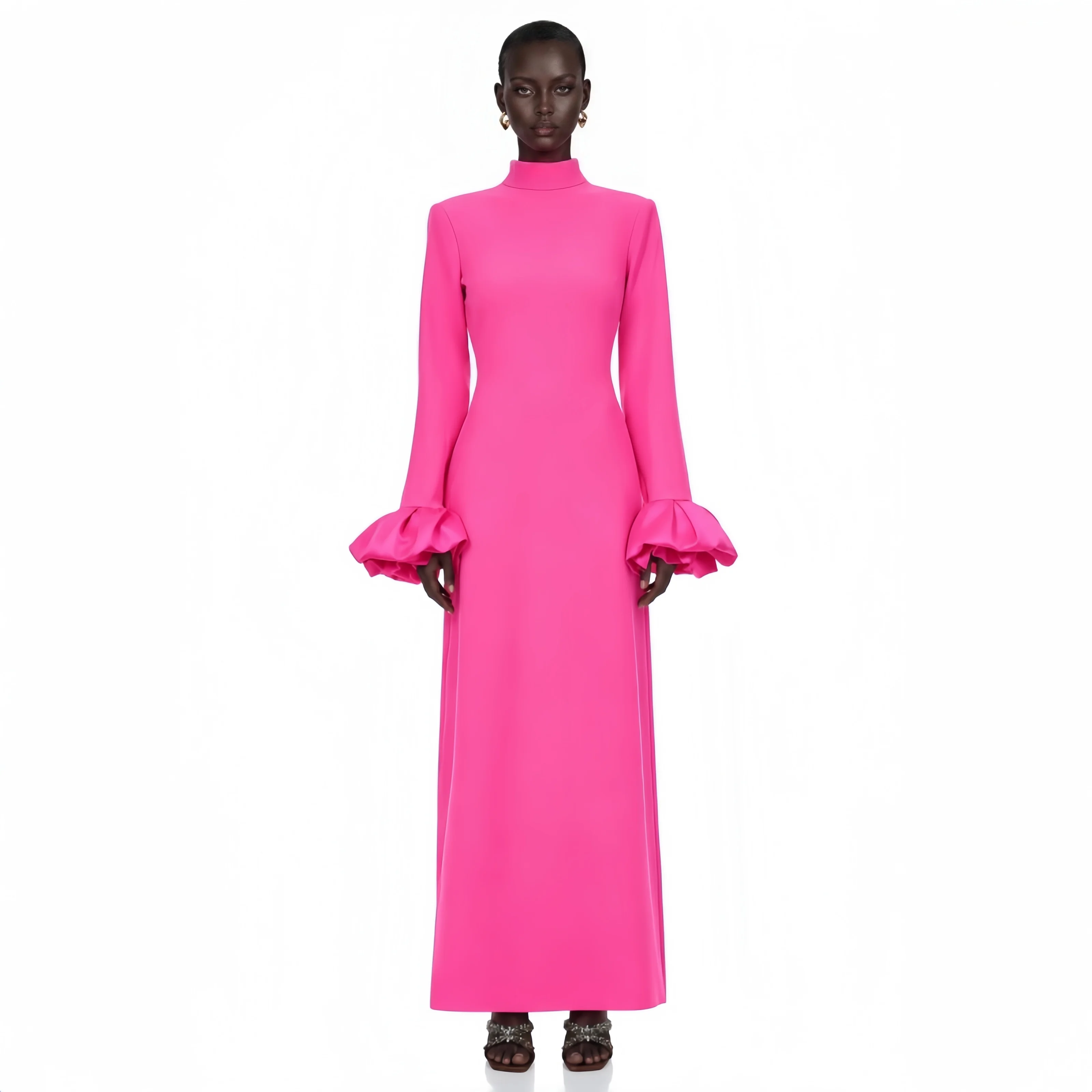 Elegant Puff Sleeve Long Dress Women Fuchsia High Collar Full Sleeve Slim Straight Dress Female 2026 Autumn Lady Chic Party Robe