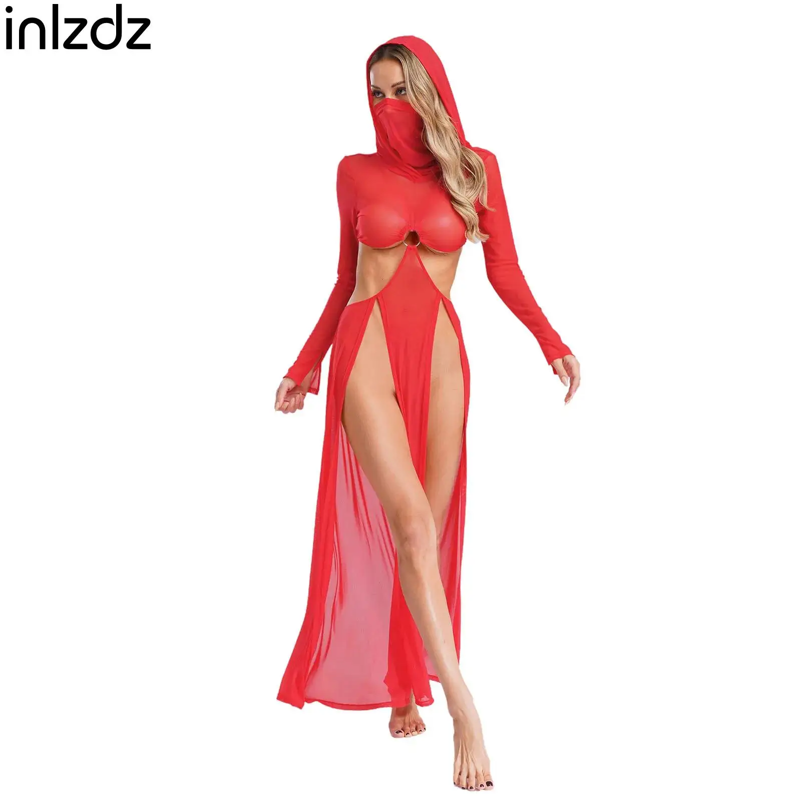 

Women Sheer Dress with Hooded Face Mask Maxi High Slit Sexy Party Dress Long Sleeves Hollow Out Dress Cover Up Clubwear Swimwear