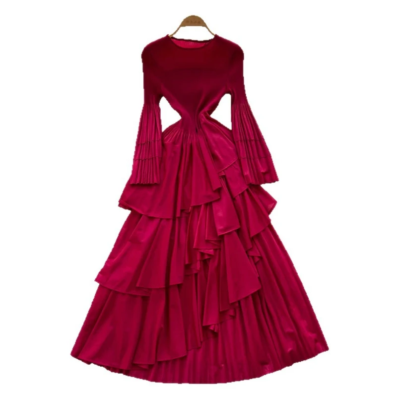 Women Long Dress Dresses A Line Vestidos Ruffles Irregular Party Night Streetwear Round Neck Full Sleeve Elegant Y2k Work