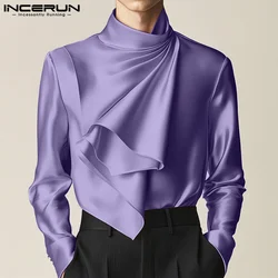 Fashion Casual Style Tops INCERUN Handsome Men's Irregular Scarf Design T-shirts Handsome Male Solid Long Sleeved Camiseta S-5XL