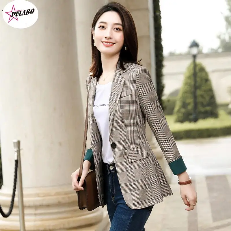 Office Ladies Notched Collar Plaid Women Blazer Double Breasted Autumn Jacket PULABO Casual Pockets Female Suits Coat