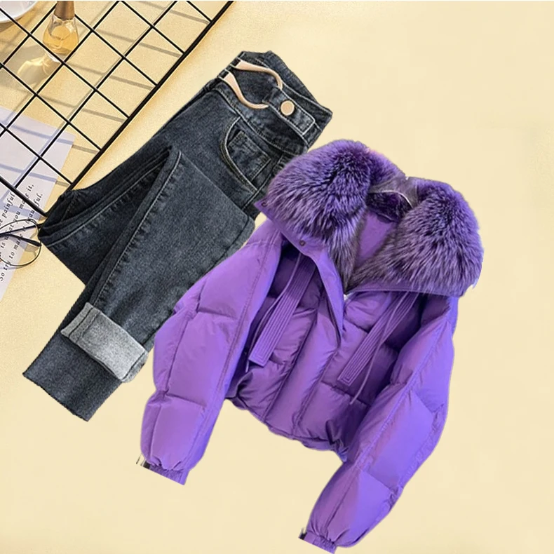 여성용 가을 겨울 데님 의상 테이니드 Fce 라인드 코튼 재킷과 캐주얼 팬츠 투피스 세트 퍼 칼라 포함