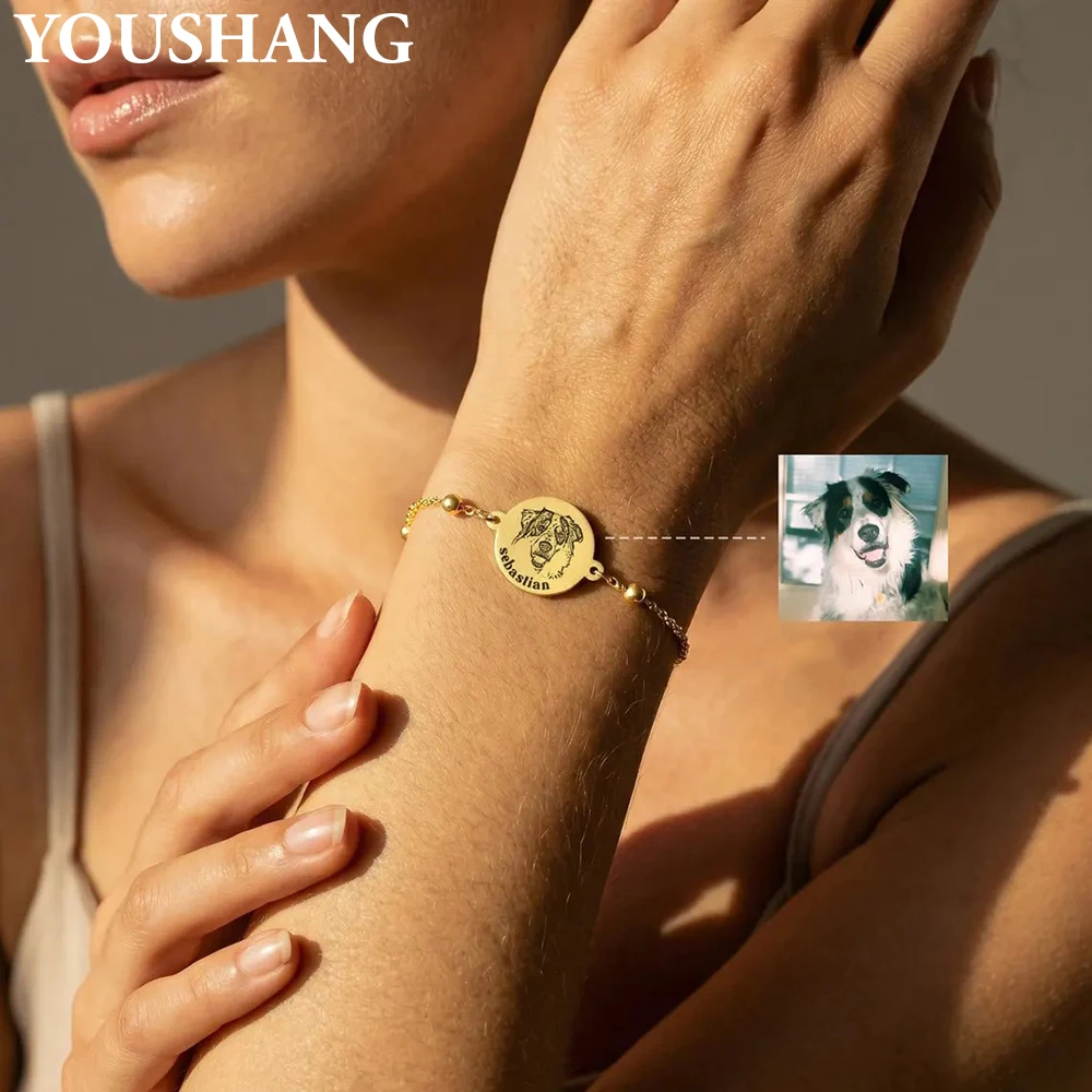 

Personalized Pet Photo Handchain Customizable Stainless Steel round Pendant Laser Engraving Head Portrait Ideal Jewelry Gift