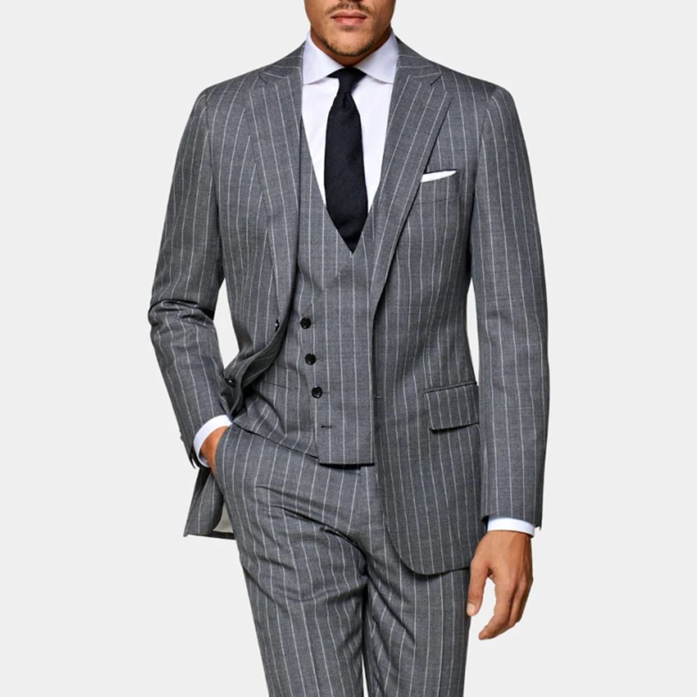 

Classic Pinstripe Gray Suit For Mens Formal Business Blazer Wedding Groom Tuxedo Slim Fit 2 Piece Jacket Pants