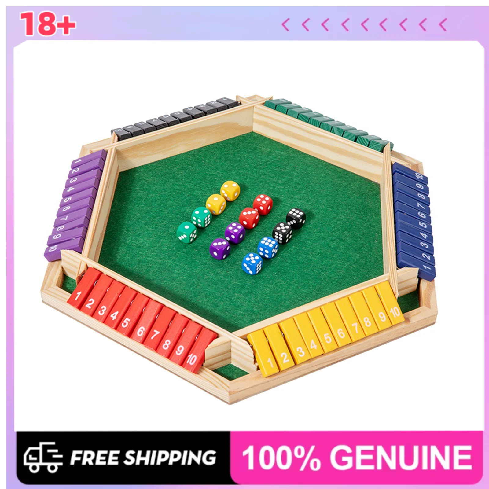 

Shut The Box Game for 6 Player with 12 Dice - Colorful 6 Sided Wooden Board Math Number Games for Kids Adults Families Party Clu
