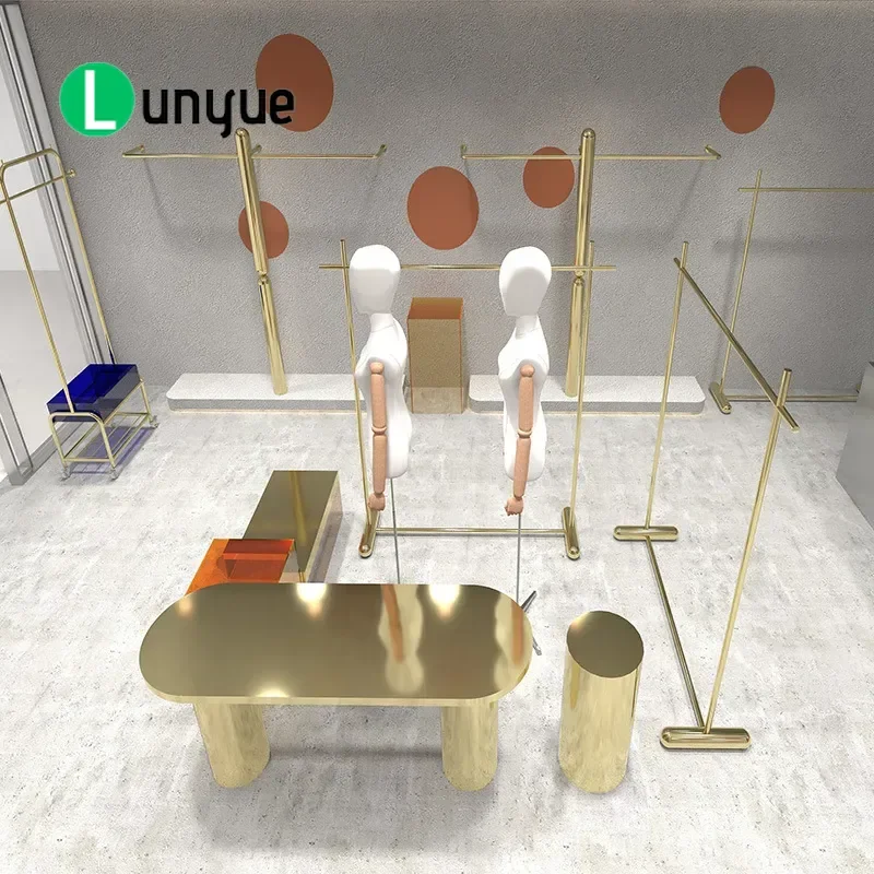 Luxury Gold Stainless Steel Clothing Display Rack Floor Standing Hanger for Wedding Dress Women's Clothes Store Titanium
