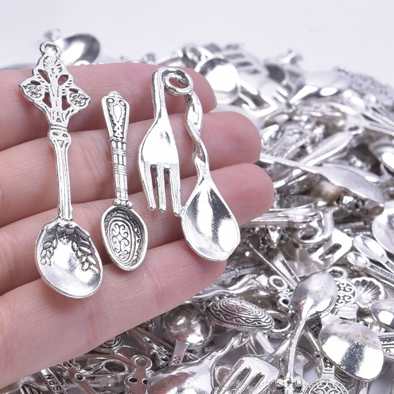 Vintage Tableware Spoon Charms Alloy Pendant For Necklace Jewelry Making Keychain Mix Antique Silver Color DIY Bulk Materials