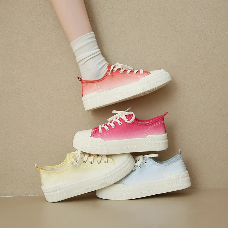 New Fresh Colors Women Canvas Sneakers Thick Sole Height Increasing Pink Girls Students Canvas Tennis Shoes Lace Up Pure Colors