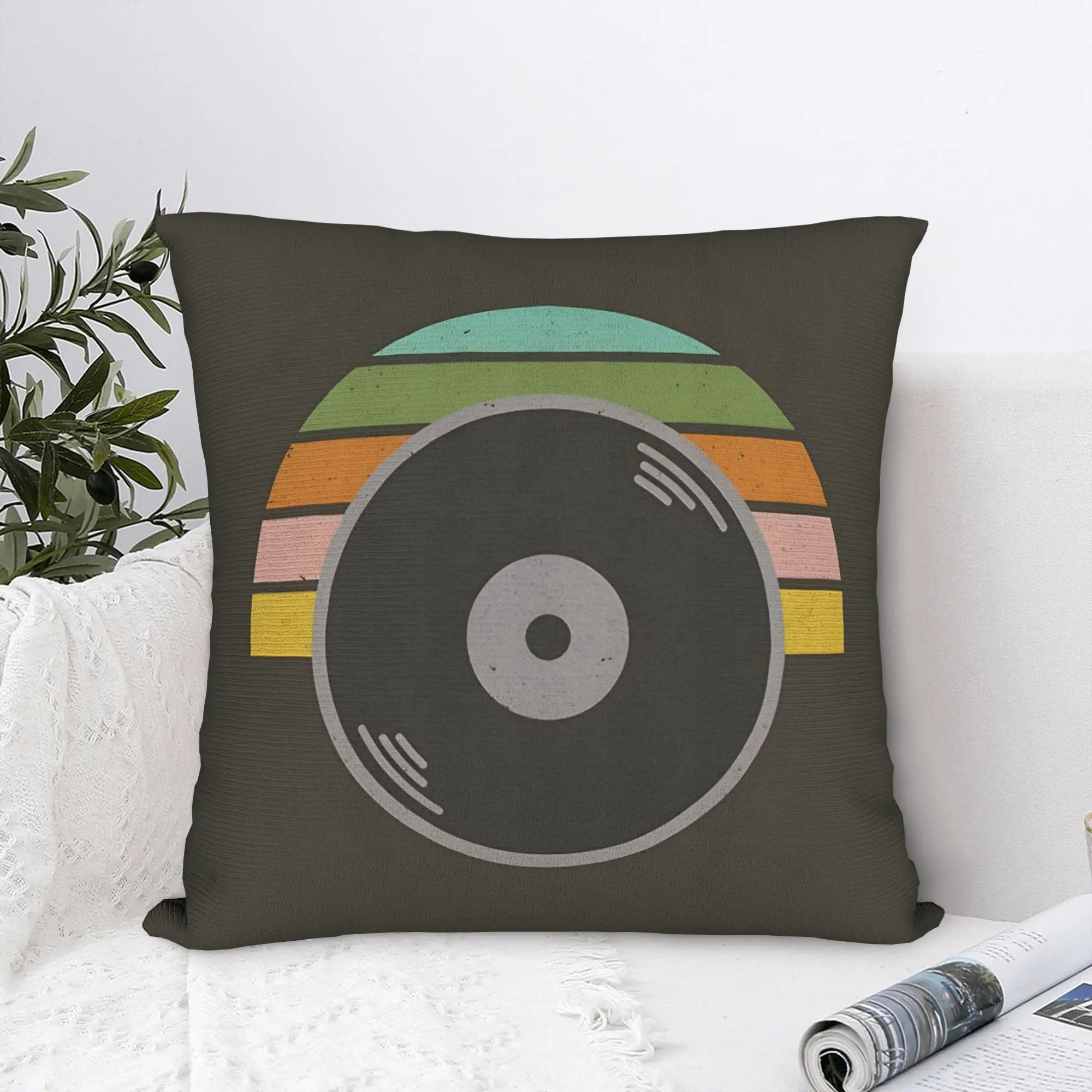 1pc Vinyl Pillow Cover 45x45cm – Rainbow Gradient, Turntable Disc, Polyester, Zipper, Washable, No Insert