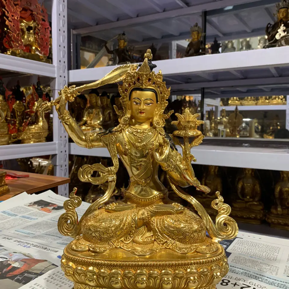 One foot Manjushri Bodhisattva pure copper gilt Buddha statue ornament Tibetan Buddhist supplies Manjushri Buddhist hall bronze