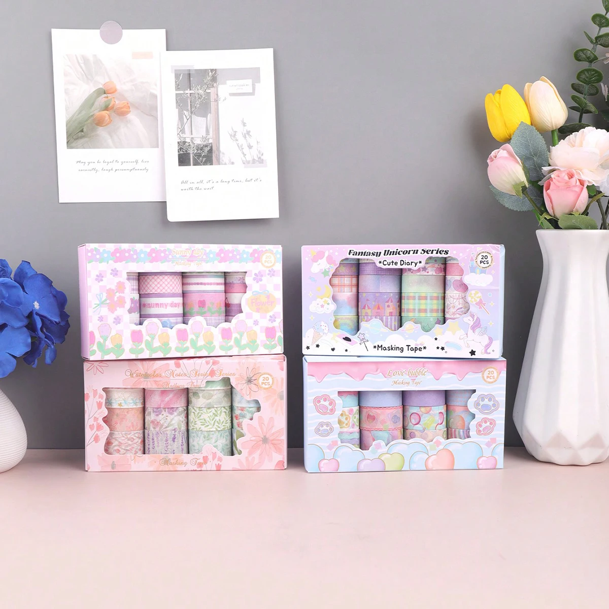 20 Rolls Cute Washi Tape Set,Kawaii Unicorn Floral Watercolor Candy Pattern,DIY Scrapbook Journaling Supplies Kit Gift for Girls
