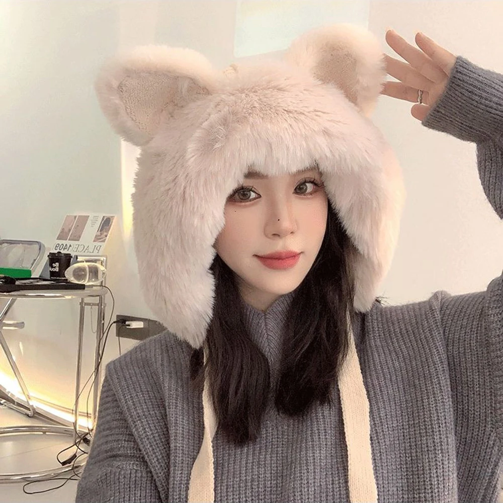 Furry Fox Ear Knitted Hat Winter Womem Plush Warm Ear Windproof Protection Girls Outdoor Thickened Pullover Cap Korean Headwear