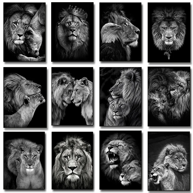 Black and White Wild Animal  Lions Family Wall Art Poster Pr