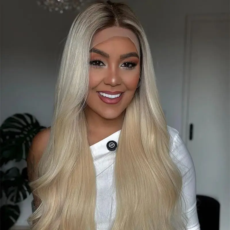 13x4 Light Golden Blonde Synthetic Lace Front Wig with Roots 28 Inch Long Wave Wig Natural Preplucked Hairline with Baby Hair