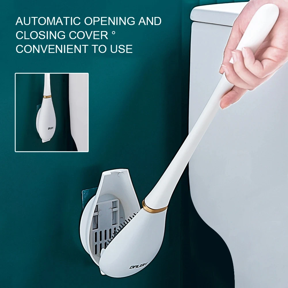 Long Handled Toilet Cleaning Brush Reusable Silicone Toilet Auto Opening Closing Brushes Wall-Mounted for Bathroom Accessories