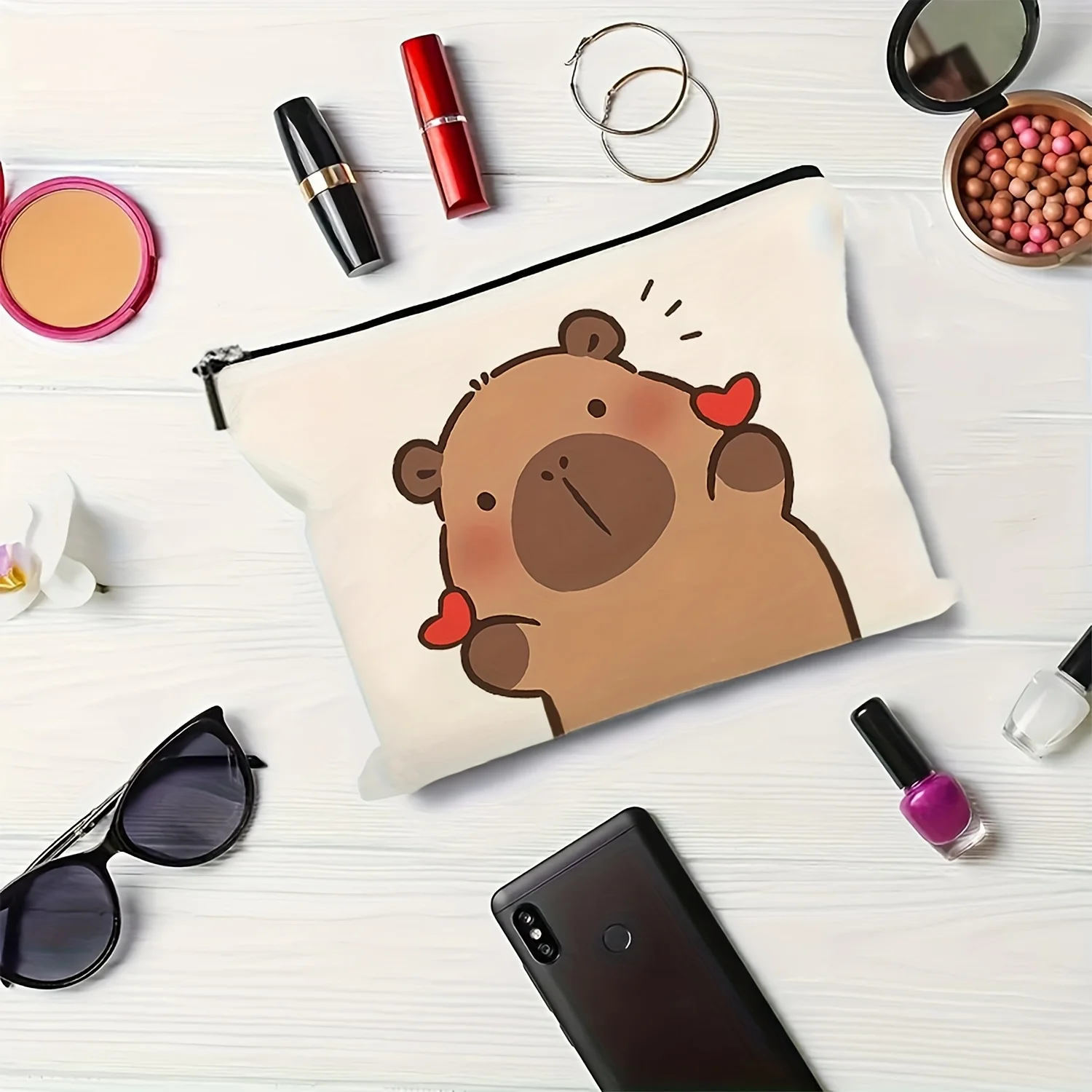 حقيبة مكياج كابيبارا - حقيبة لطيفة متعددة الوظائف بسحاب للنساء، حقيبة تخزين المجوهرات، حقيبة تخزين صغيرة مثالية للسفر بسحاب