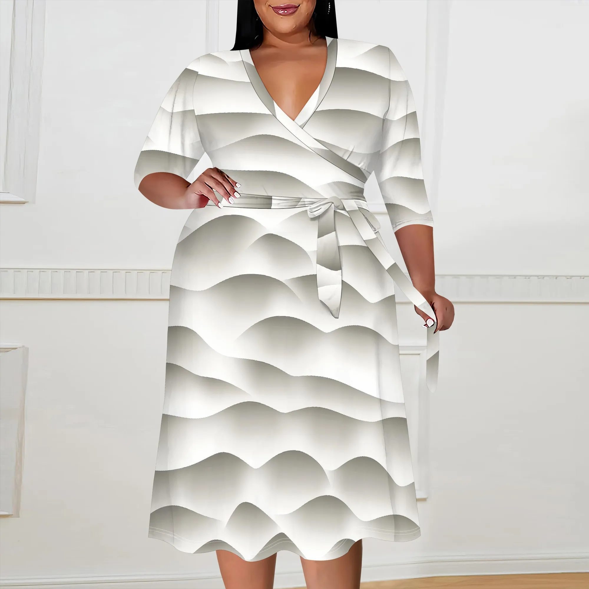 

Plus Size Women's V-Neck Wrap Dress Half Sleeve Abstract Wave Print Belted Casual Dress Elegant Office Commute Dress XL-6XL