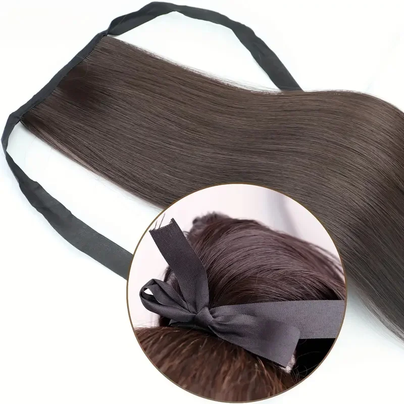 Extensión de Cola de Caballo Sintética de 34 Pulgadas con Cordón y Clips, Negra o Marrón para Mujer 4