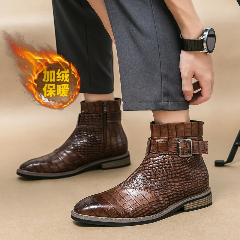 

Autumn New Pointed Comfortable Banquet Men's Boots Brand Fashionable Men's Side Zipper Snake Skin Pattern High Top Short Boots