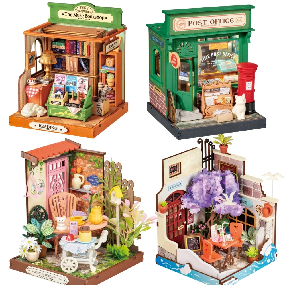 Robotime rolife DIY Miniature House Century Postoffice kit Sea Holiday Restaurant Muse Bookshop  Fancy Tea Yard kit for Adult