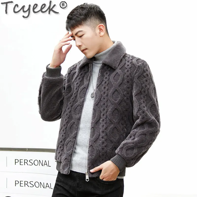 Tcyeek 2023 jaket wol pendek Pria, mantel bulu domba ramping musim dingin bahan wol asli untuk pria