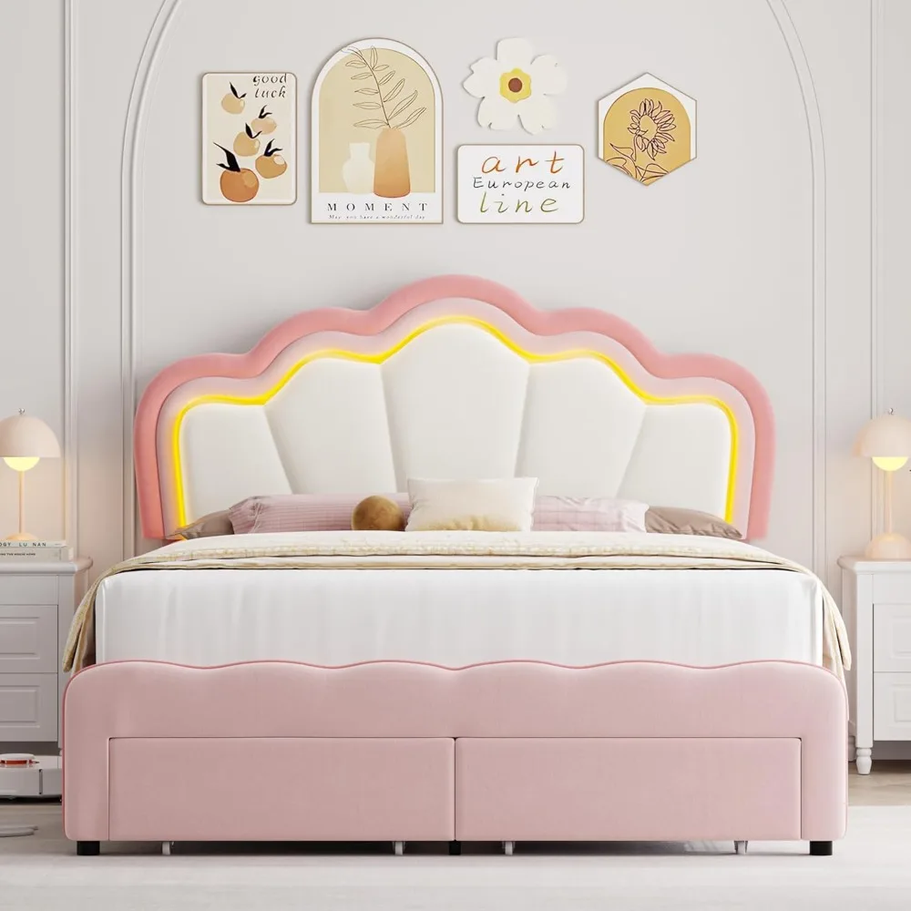 HOSTACK Queen Upholstered LED Bed Frame with Storage Drawers, Cute Girls Bed with Adjustable Lotus Headboard, Velvet Princess