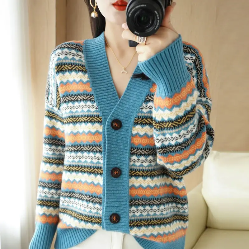 V-neck Striped Knitting Cardigan Coat Women Autumn Winter Fashion Patchwork Long Sleeve Sweater All-match Office Lady Knitwear