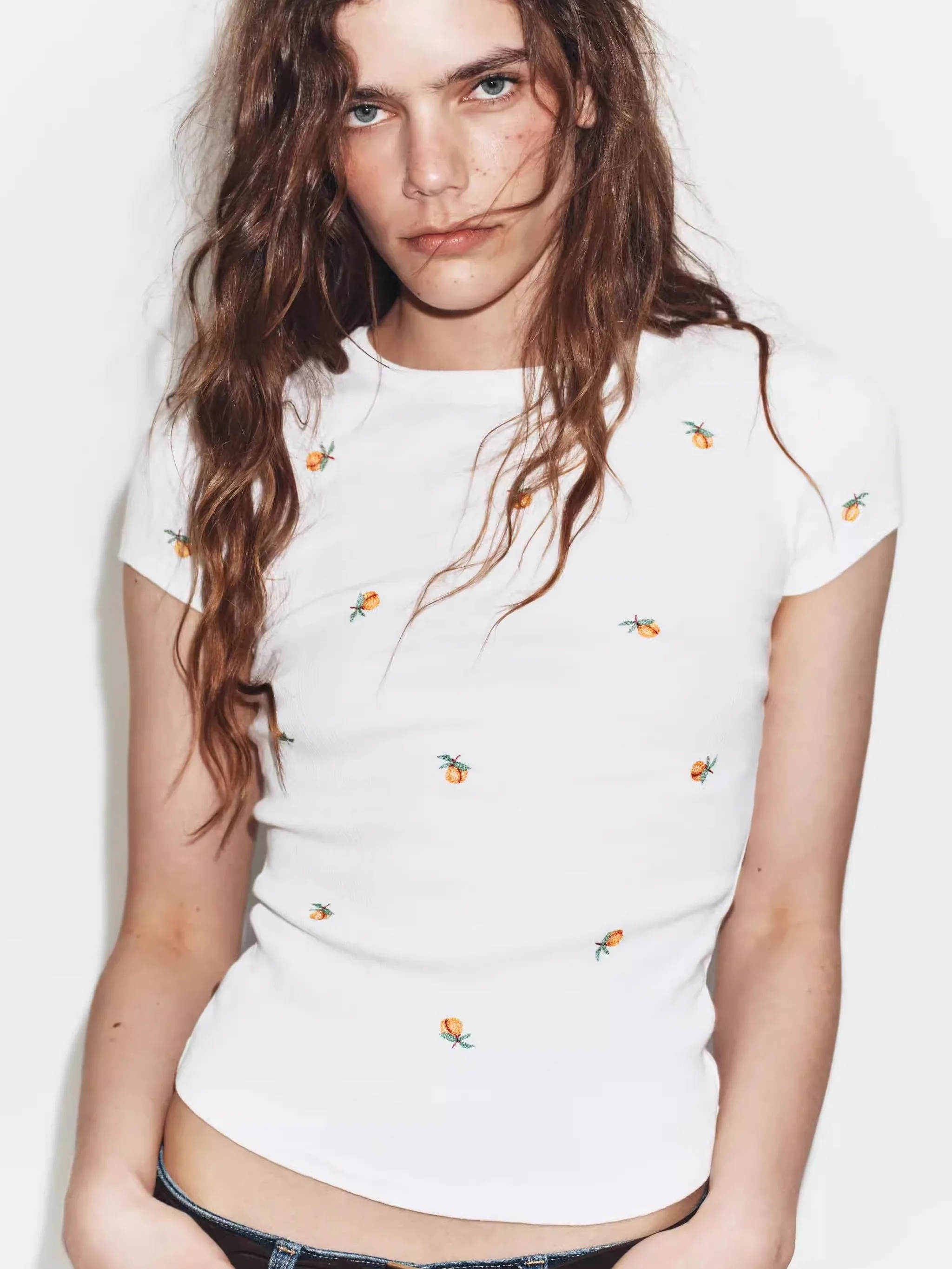 New Summer Women's T-shirt round Neck Slim Fit Contrast Color Embroidery Ribbed Short Sleeve Top Ethnic Stage Costume
