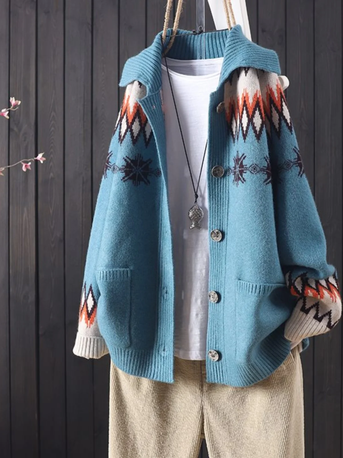 Women's Knitted Cardigan Spring Autumn ort Sle Floral Embroidery Lapel Button Loose Faionable Sweater Coat Street Sle