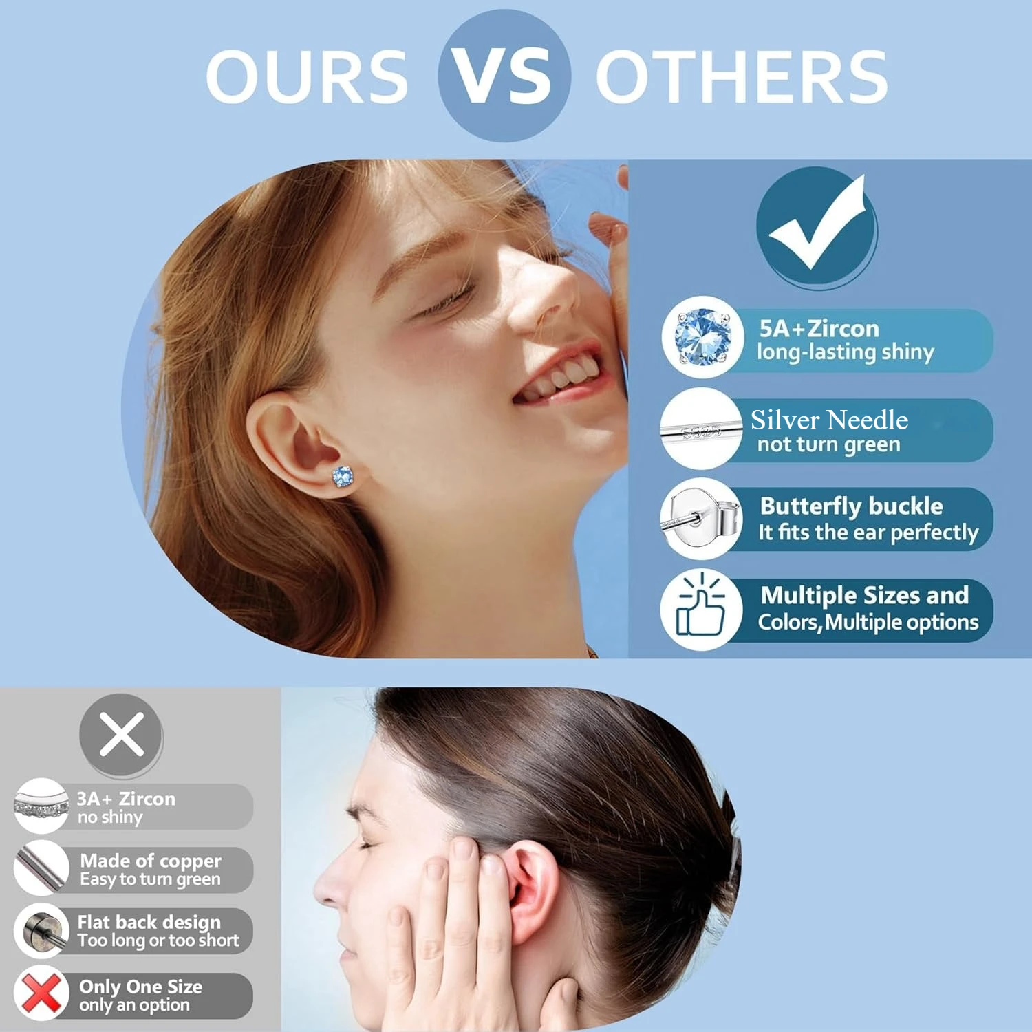 أقراط إبرة فضية للنساء هيبوالرجينيك مكعب زركونيا أقراط لطيفة ترصيع هوب مجموعة ثقب المجوهرات للأذنين الحساسة #5