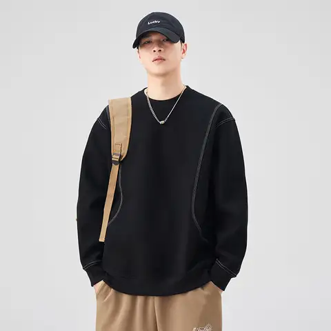 남녀공용 라운드넥 스웨터, 밝은 라인 디자인, 루즈한 단색 스트리트, 코디하기 쉬운 캐주얼 2024, 신상 상의