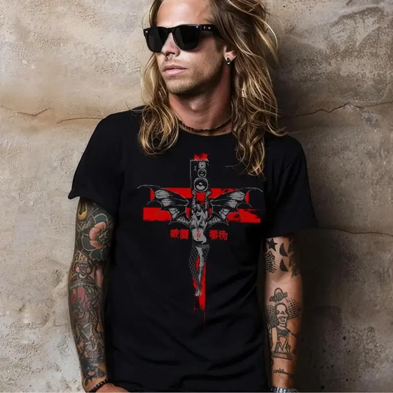 Gothic Music Lover T Shirt Femme Fatale Cross for Halloween Vibes