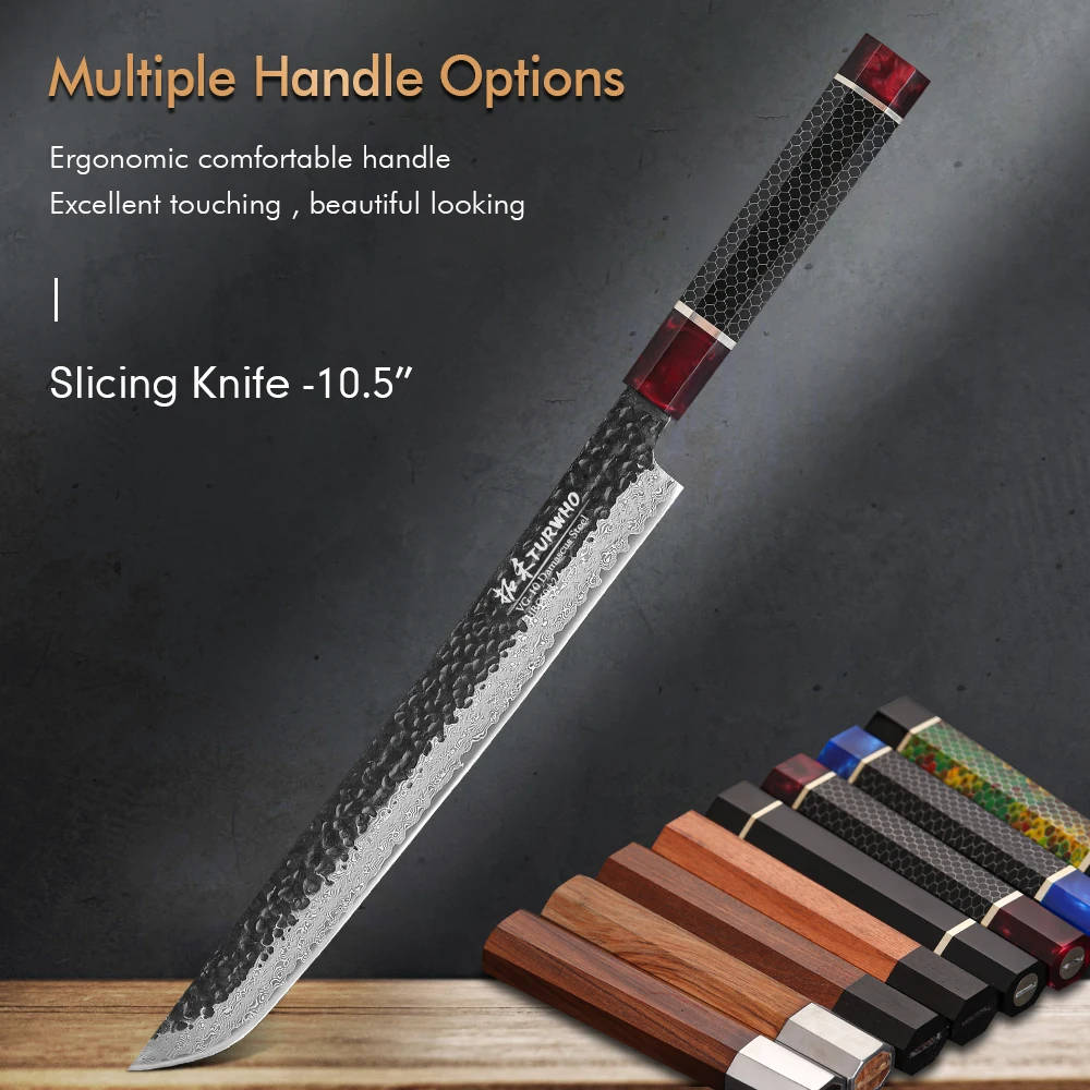 

TURWHO 10.5" Japanese Hand Forged Damascus Steel Kitchen Chef Knives Fish Fillet Sushi Salmon Sashimi Slicing Knife DIY Handle