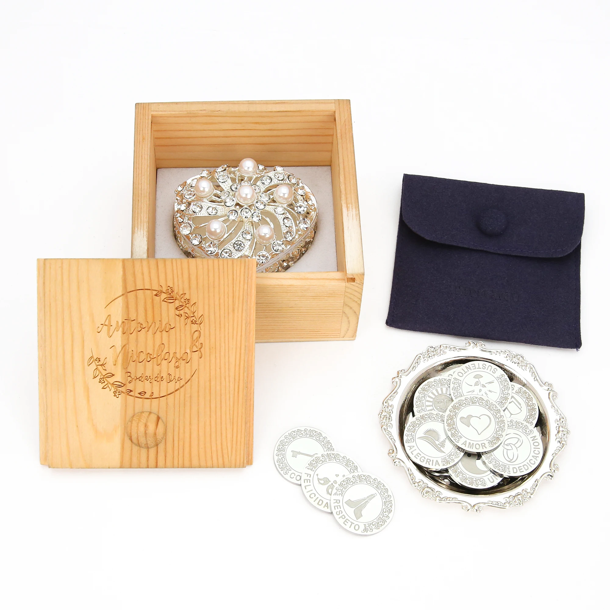 Personalized 13 pcs Spanish Arras Para Boda Catolica - 13pc Wedding Unity Coins with Diamond Heart Shaped Box
