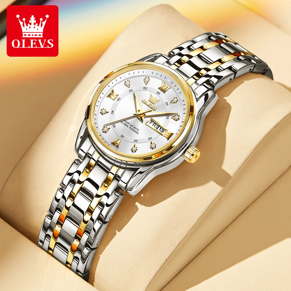 OLEVS Women’s Watch Luxury Gold Watch OriginalDate Week Roman Stainless Steel Waterproof Luminous  Elegant Dress Ladies' Watches