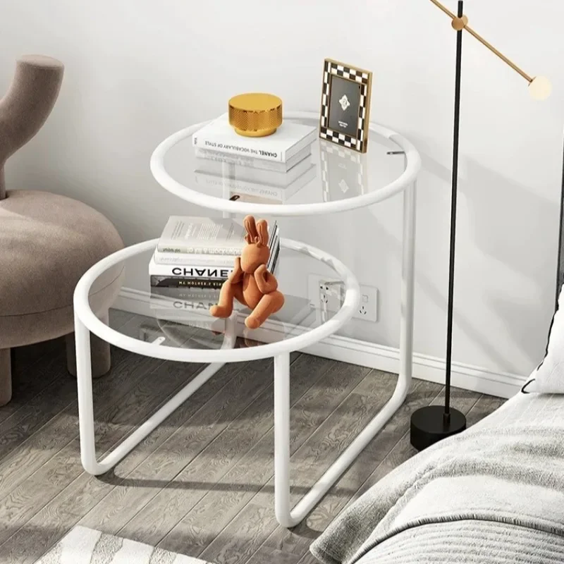 Modern Glass Side Table, Asymmetrical Round End Table with Metal Frame, Minimalist Table for Bedroom, Living Room & Small Spac