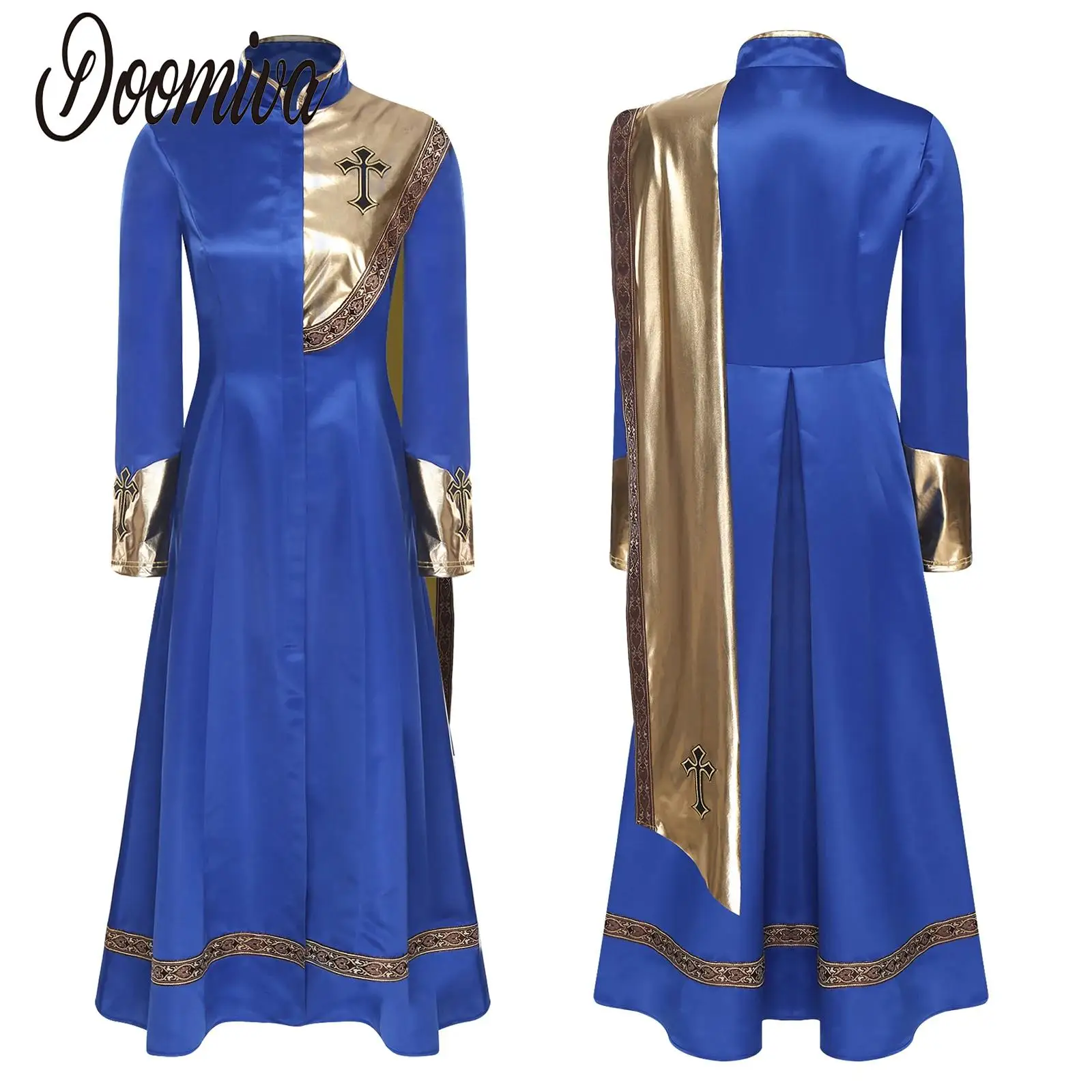

Women Priest Clergy Cassock Halloween Dress Up Costume Long Robe Patchwork Metallic Drape Front Zipper Dress for Church Choir